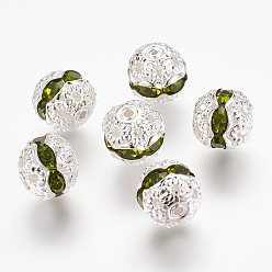 Оливин Латунные бусины со стразами , класс А, серебряный цвет гальваническим, круглые, оливина, 8 мм, отверстие : 1 мм