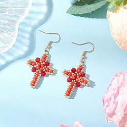 Красный 304 серьги-крестики из нержавеющей стали со стеклянными семенами, золотые, красные, 53x26 мм