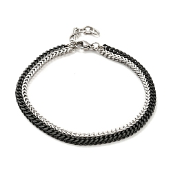 Black Two Tone 304 Stainless Steel Wheat Chains Double Layer Multi-strand Bracelets, Black and Stainless Steel, 7-1/2 inch(19.1cm)