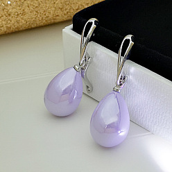 Лиловый Латунные пластиковые серьги-кольца, с имитацией жемчуга, слеза, платина, сирень, 30x13 мм
