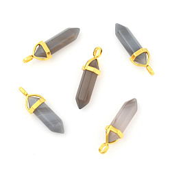 Серый агат Подвески из натурального серого агата, с подвеской из случайного сплава с шестигранной головкой, золотые, пуля, 37~40x12.5x10 мм, отверстие : 3x4.5 мм
