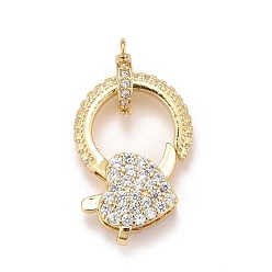 Прозрачный Латунные микро проложить кубического циркония когтя омара застежками, с поручнями/трубчатыми поручнями, реальный 18 k позолоченный, без свинца и без кадмия, сердце, прозрачные, 22x15x5 мм