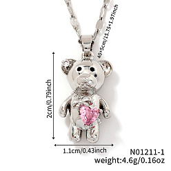 Pink Милые кулоны-медведи из латуни с кубическими цирконами и паве для женщин, платина, розовые, 15.75 дюйм (40 см)