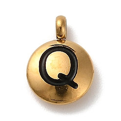 Letter Q 304 подвески из нержавеющей стали с черной эмалью, золотые, плоский круглый с подвеской в виде буквы, Буква Q, 11x8x2.5 мм, отверстие : 1.8 мм
