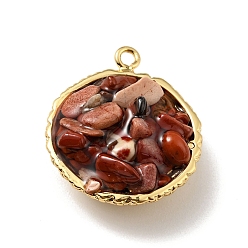 Красный Камень Подвески из натуральной красной яшмы, с реечным покрытием из латуни с покрытием из настоящего золота 18k, круглые, без кадмия, без никеля и без свинца, 24x20x10~13 мм, отверстие : 1.8 мм