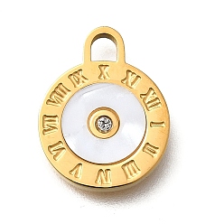 Золотой 304 плоские круглые подвески из нержавеющей стали с римскими цифрами, с пластиковой имитацией ракушки и стразами, ионное покрытие (ip), золотые, 15x12x1.8 мм, отверстие : 2.3x2 мм