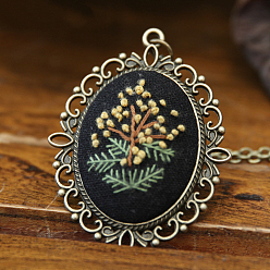 Черный Набор для изготовления ожерелья с цветочным кулоном для вышивки своими руками, включая цепочки из сплава и подвесные кабошоны, игла, хлопковая нить, пластиковые пяльцы для вышивания, чёрные, 460 мм