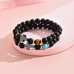 Mixed Stone 2Pcs 2 Style Natural & Synthetic Mixed Gemstone Beaded Stretch Bracelets Set, Cross Couple Bracelets, Inner Diameter: 2-3/8~3-1/8 inch(6~8cm), 1Pc/style