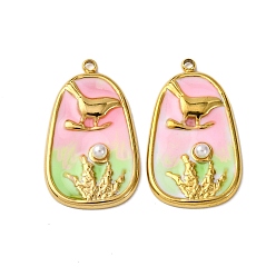 Pink 304 нержавеющей стальной эмали подвески, с абс пластмассовой имитационной жемчужиной, птица, вакуумное покрытие pvd, реальный 18 k позолоченный, розовые, 25.5x15x3.5 мм, отверстие : 1.5 мм