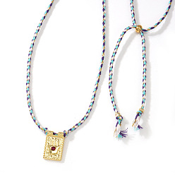 Фиолетовый Винтажный сплав, прямоугольник с подвеской в виде руки хамса, ожерелье из плетеной веревки, золотые, фиолетовые, 29.92 дюйм (76 см)