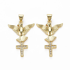 Real 18K Gold Plated Brass Micro Pave Clear Cubic Zirconia Pendants, Nickel Free, Eagle with Cross, Real 18K Gold Plated, 29.5x21x3mm, Hole: 3x5mm