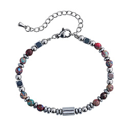 Имперская яшма Браслеты из окрашенной натуральной императорской яшмы и бусин из нержавеющей стали для женщин, круглый и дисковый, 6.50 дюйм (16.5 см) ~ 6.69 дюйм (17 см)