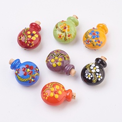 Mixed Color Handmade Bumpy Lampwork Perfume Bottle Pendants, Essential Oil Bottle, Bottle with Flower, Mixed Color, 30~32mm, Hole: 5~5.5mm, Bottle Capacity: 0.5~1ml(0.017~0.03 fl. oz)