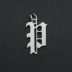 Letter P Не тускнеющие 304 подвески из нержавеющей стали, с целью перехода в кольце, старый английский, буквы, лазерная резка, цвет нержавеющей стали, letter.p, 16x10x1 мм, отверстие : 3 мм