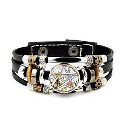 White Imitation Leather Triple Lines Multi-strand Bracelets with Flat Round Links, White, 8-1/8 inch(20.5cm)