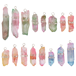 Mixed Color 16Pcs Electroplate Natural Quartz Crystal Pendants, with Copper Wire Wrapped, Two Tone, Dyed, Nuggets, Mixed Color, 34.5~53.5x11~15.5x10.5~13.5mm, Hole: 4.2~5mm