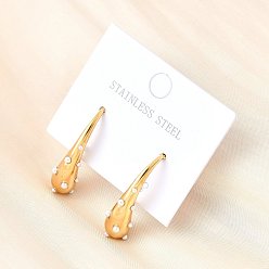 Золотой Капля 304 серьги-гвоздики из нержавеющей стали, с абс пластмассовыми шариками, ионное покрытие (ip), золотые, 29x9 мм