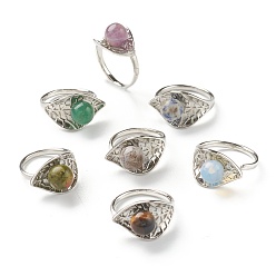 Mixed Stone Adjustable Natural & Synthetic Gemstone Cuff Rings, Open Rings, with Platinum Tone Brass Findings, Leaf, US Size 7 1/4(17.5mm)