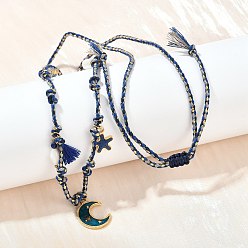 Настоящее золото 18K 304 подвеска в виде луны из нержавеющей стали с синей эмалью, регулируемые ожерелья из хлопкового шнура, со стеклом и оболочкой, ионное покрытие (ip), реальный 18 k позолоченный, 29.92 дюйм (76 см)