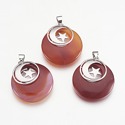 Красный Агат Природные сердолик подвески, с латунной фурнитурой платинового цвета, плоские круглые с Луны и звезды, окрашенная и подогревом, 32x28x7 мм, отверстие : 4x5 мм