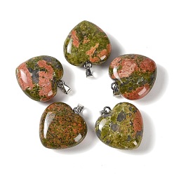 Unakite Natural Unakite Pendants, Heart Charms, with 304 Stainless Steel Snap on Bails, Stainless Steel Color, 32~33x30x14~15mm, Hole: 7.5x4mm
