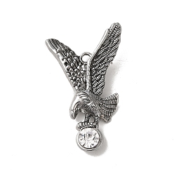 Antique Silver Tibetan Style Alloy Pendant, with Rhinestones, Eagle, Antique Silver, 51.5x29.5x6.5mm, Hole: 3mm