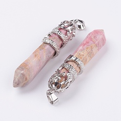 Rhodochrosite Natural Rhodochrosite Big Pointed Pendants, with Alloy Findings, Faceted, Bullet, Platinum, 59~63x11~12mm, Hole: 4x7mm