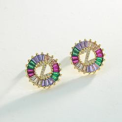 Letter Z Серьги-гвоздики из латуни с разноцветными кубическими цирконами, плоско-круглые, золотые, Письмо Z, 16x16 мм