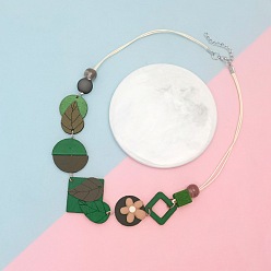 Green Wooden Leaf Bib Necklaces for Women, with White Imitation Leather Cord, Platinum, Green, 20.08~22.05 inch(51~56cm)