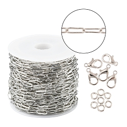 Платина Набор для изготовления ювелирных изделий с цепочками из скрепок своими руками, включая латунные цепочки для скрепок, Карабин-лобстер из цинкового сплава, латунные кольца прыжок открыт, платина, цепи: 7.5x3x0.5 мм, 10 м / рулон, 1 рулон / сумка
