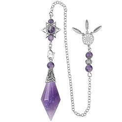 Аметист Биолокационные маятники с наконечником из природного аметиста, с платиновым покрытием латунная фурнитура, ромб, 300 мм