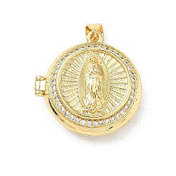 Настоящее золото 16K Латунные подвески с микропаве из прозрачного кубического циркония, плоский круглый с подвесками Девы Марии, реальный 16 k позолоченный, 24.5x24x10 мм, отверстие : 4.5x3.5 мм, лоток : 19 мм