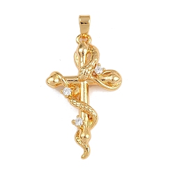 Настоящее золото 18K Латунные микро проложить кубического циркония подвески, амулеты в виде креста и змеи, без никеля , реальный 18 k позолоченный, 30.5x18x5 мм, отверстие : 4x2 мм