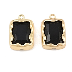 Black Brass Glass Pendants, Rectangle Charms, Faceted, Golden, Black, 19x13x5mm, Hole: 1.4mm
