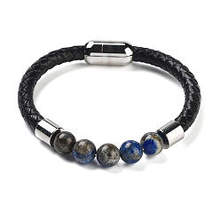 Ляпис-Лазурь Натуральный лазурит, круглые бусины, плетеный кожаный шнур, браслеты для мужчин и женщин, с ионным покрытием (ip) 304 магнитные застежки из нержавеющей стали, 8-1/4 дюйм (21 см)