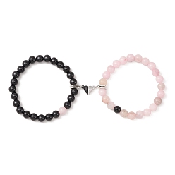 Смешанные камни 2 шт. 2 стильный комплект эластичных браслетов из натурального черного оникса и яшмы с цветком сливы и бисером, магнитные сердечки из сплава, браслеты для пары на день святого валентина, 2-3/8 дюйм (6 см), 1 шт / стиль