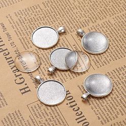 Античное Серебро Поделки кулон решений, тибетский стиль Сплав настройки кабошон и прозрачные стеклянные кабошоны, плоско-круглые, античное серебро, лоток : 25 мм, 37x28x2 мм, отверстие : 3.5x6 мм, 24.5~25x6~7 мм, 2 шт / комплект