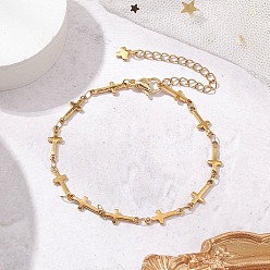 Золотой 304 браслеты из звеньев цепи из нержавеющей стали для женщин, крестик, золотые, 7-3/8 дюйм (18.6 см)