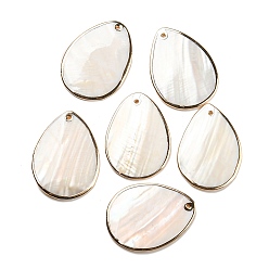 Golden Natural Freshwater Shell Pendants, Teardrop Charms with Brass Edge, Golden, 40~40.5x29~29.5x2~3mm, Hole: 1.4mm