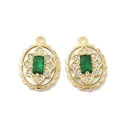 Настоящее золото 18K Латунные микропаве прозрачные подвески с фианитом, без кадмия, без никеля и без свинца, со стеклом, ракушкой и кольцом для прыжков, овальные с цветком, реальный 18 k позолоченный, 15x11x4.5 мм, отверстие : 1.2 мм