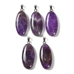 Amethyst Natural Amethyst Pendants, with 304 Stainless Steel Snap on Bails, Oval Charm, 44x20x8mm, Hole: 7x4mm
