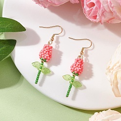 Pink Серьги-подвески в виде цветка из нержавеющей стали и стекла, с перламутровыми круглыми бусинами из стекла, окрашенными методом выпекания, и биконусными стеклянными бусинами, имитирующими австрийский хрусталь, с гальваническим покрытием, золотые, розовые, 52x17 мм