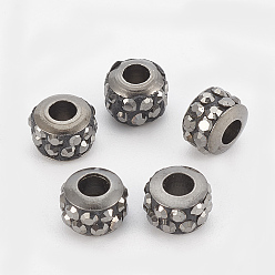 Jet Handgefertigte Messing Polymer Clay Strass Perlen, Kolumne, Metallgrau, Jet, 7x5 mm, Bohrung: 2.5 mm