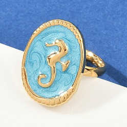 Темно-Голубой 304 эмалированные открытые манжеты из нержавеющей стали для женщин, ионное покрытие (ip), золотые, овал с морским коньком, глубокое синее небо, внутренний диаметр: 17.2 мм, овальный : 21x15 mm