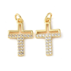 Настоящее золото 18K Латунные микропаве прозрачные подвески с фианитом, крест прелести, без кадмия и без свинца, долговечный, стойки покрытие, с целью перехода в кольце, реальный 18 k позолоченный, 16x10x1.7 мм, отверстие : 2.5 мм