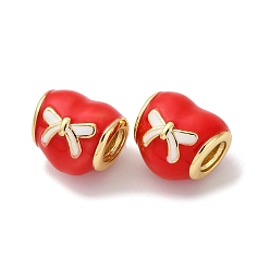 Красный Латунь эмаль европейские шарики, бусины с большим отверстием, сердце с бантом, без кадмия и без свинца, стойки покрытие, долговечный, реальный 18 k позолоченный, красные, 11.5x10.5x10 мм, отверстие : 4 мм