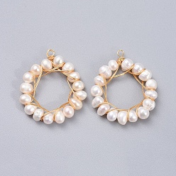 Golden Natural Cultured Freshwater Pearl Pendants, Wire Wrapped Pendants, with Brass Wire, Ring, Golden, 40.5~44x31~32.5x6~6.5mm, Hole: 2mm