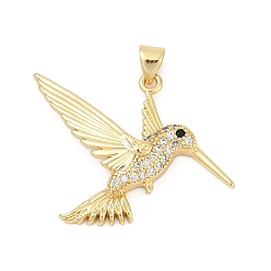 Настоящее золото 18K Латунные микро проложить кубического циркония подвески, прелести колибри, без кадмия и без свинца, прочное покрытие, стойки покрытие, реальный 18 k позолоченный, 27x36x4.5 мм, отверстие : 4x3.5 мм