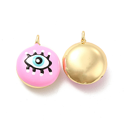 Pink Brass Enamel Charms, Real 18K Gold Plated, Long-Lasting Plated, Flat Round with Evil Eye, Pink, 19x15.5x8mm, Hole: 2mm