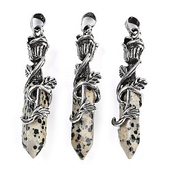 Далматинских Джаспер Натуральная далматинская яшма ограненная двойная огранка заостренные большие подвески, Подвески в виде шестиугольной призмы с розой в оболочке из сплава, античное серебро, 51~53x14x10.5 мм, отверстие : 4.5 мм